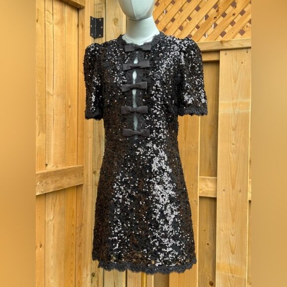 🆕 REBECCA VALLANCE 🧿 NWOT x Nicky Hilton Diana Black Bow Sequin Mini, Sz US 8 - Picture 10 of 16